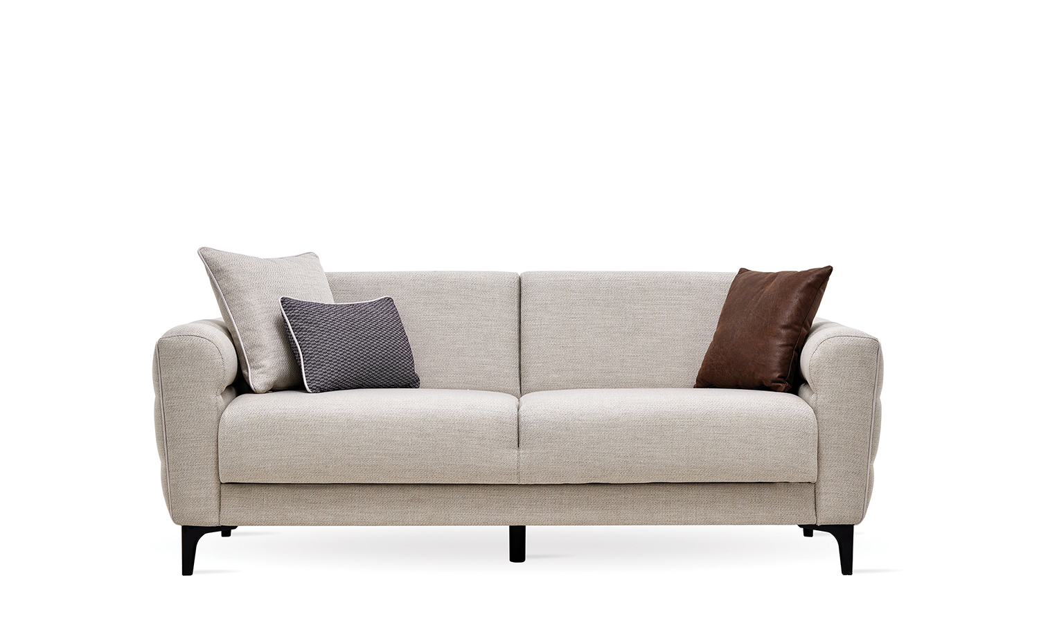 Canapé Adrian beige 2 places avec coussins gris chiné et marron, pieds fins noirs, fond blanc