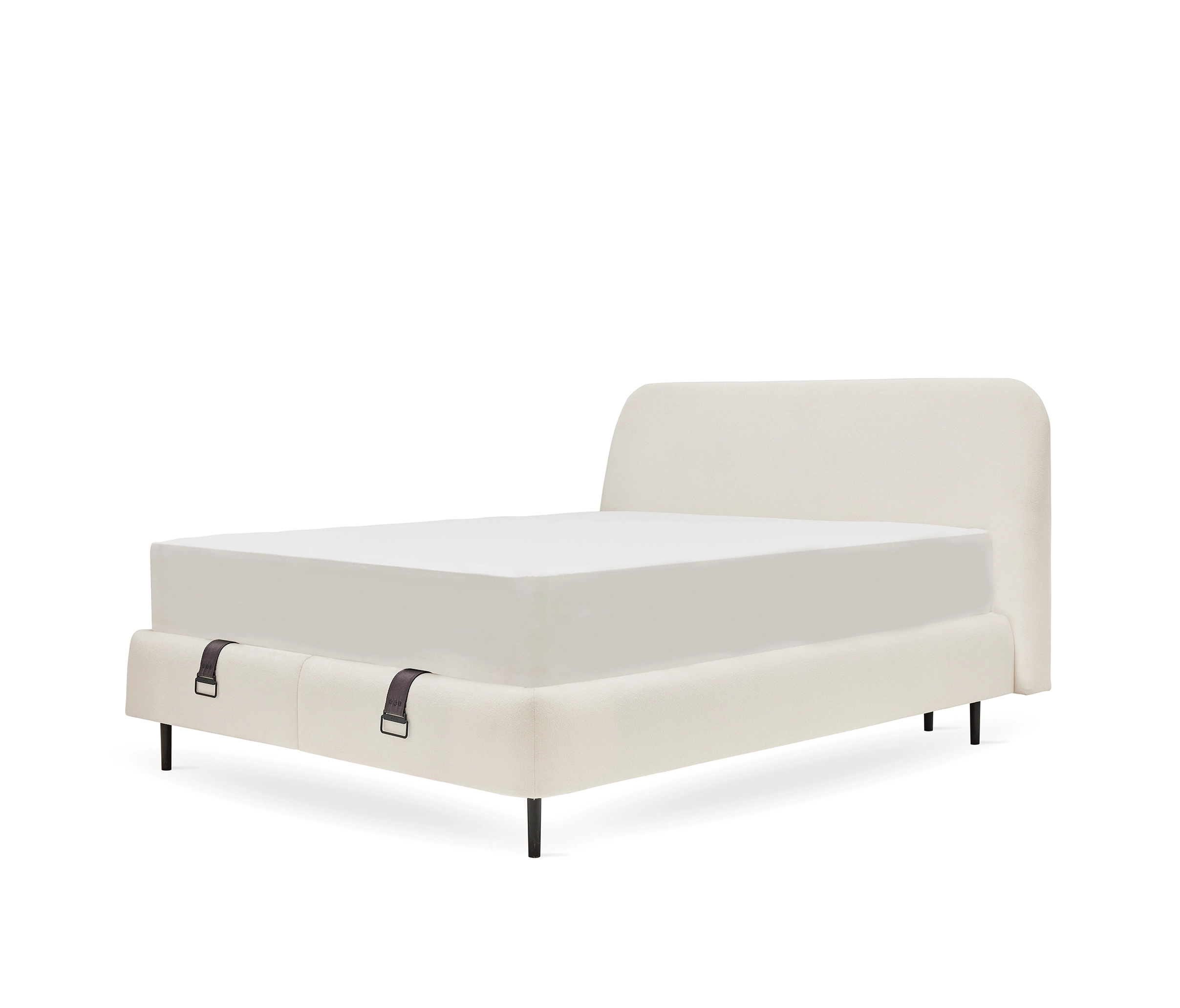 Sommier coffre Prime écru avec tête de lit arrondie et pieds noirs, fond blanc, sans matelas