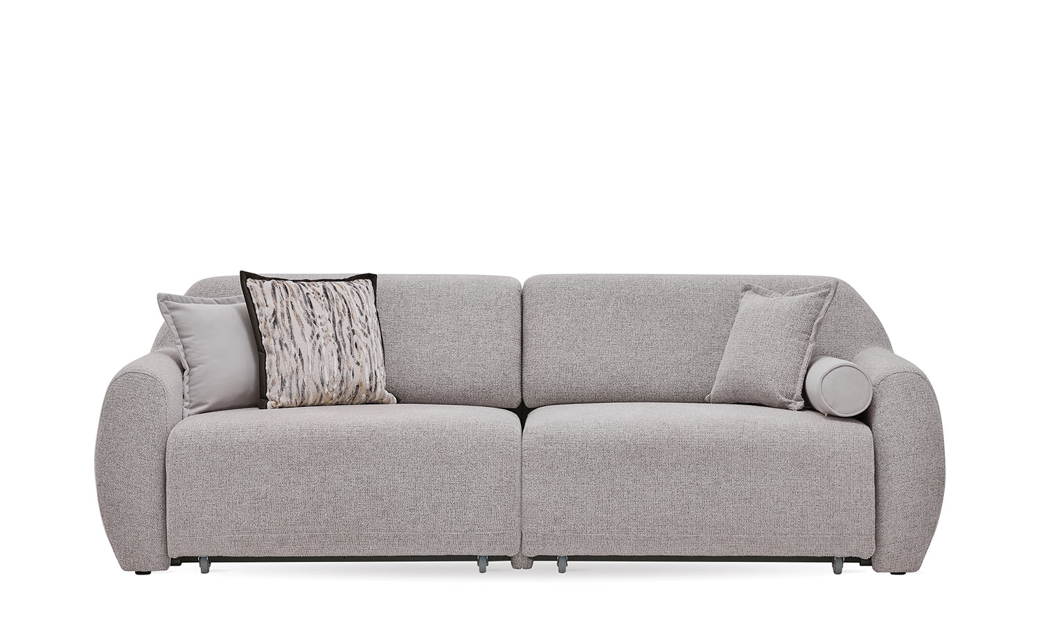 Canapé Latissa gris clair avec coussins gris et imprimé, coussin rond assorti, fond blanc