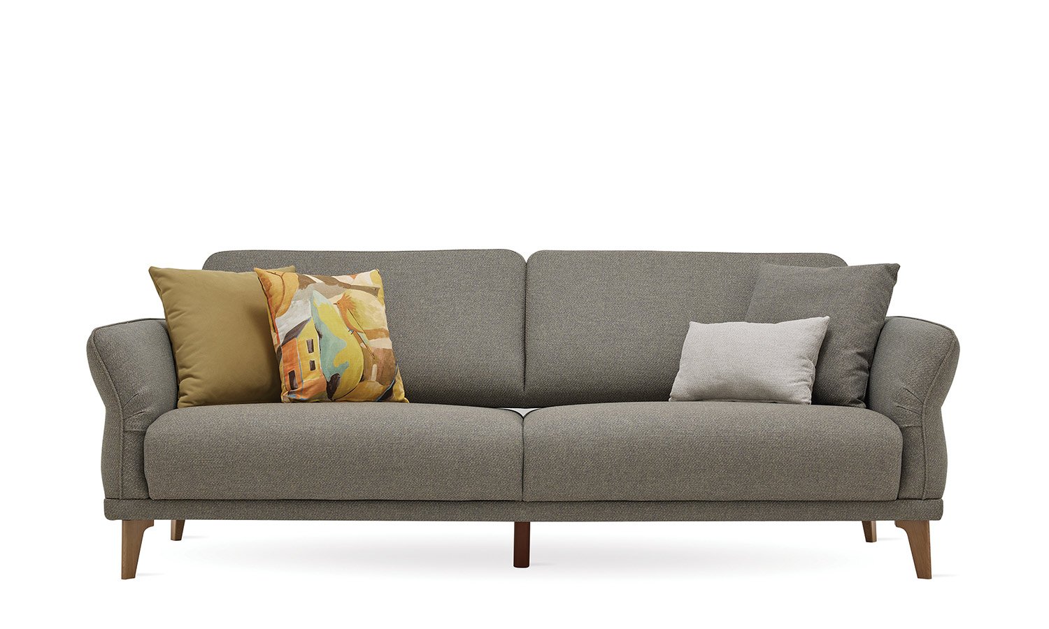 Canapé Veneta 3 places en tissu gris taupe, pieds bois
