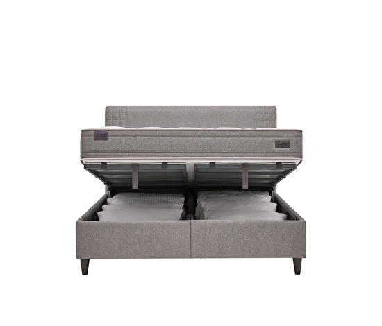 Sommier Hydro gris ouvert montrant l'espace de rangement intérieur, fond blanc