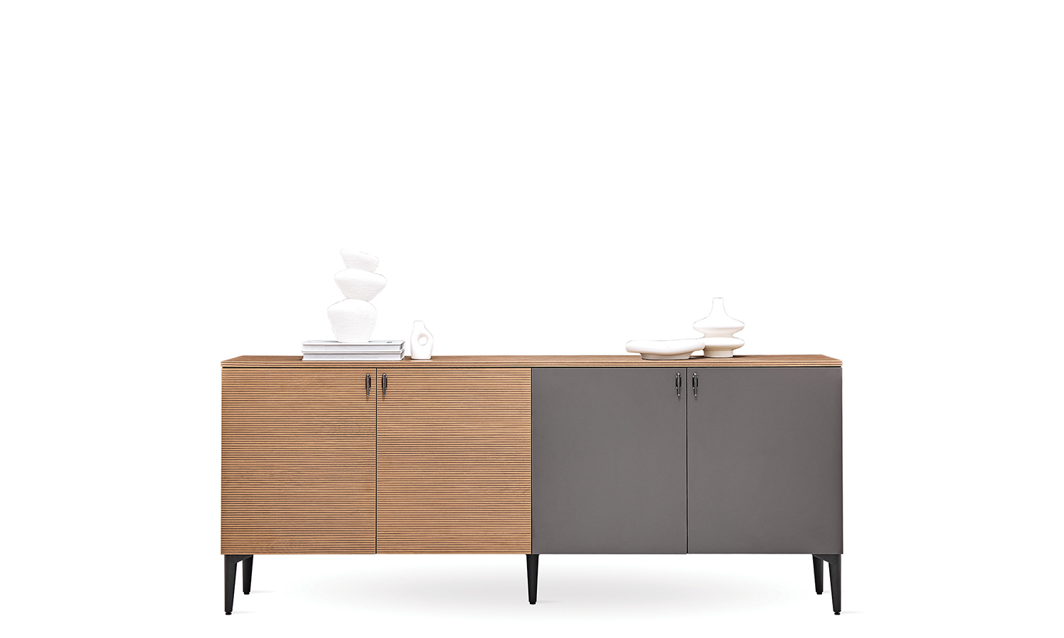 Console Calis bois clair et gris anthracite, 4 portes, pieds fins noirs, fond blanc