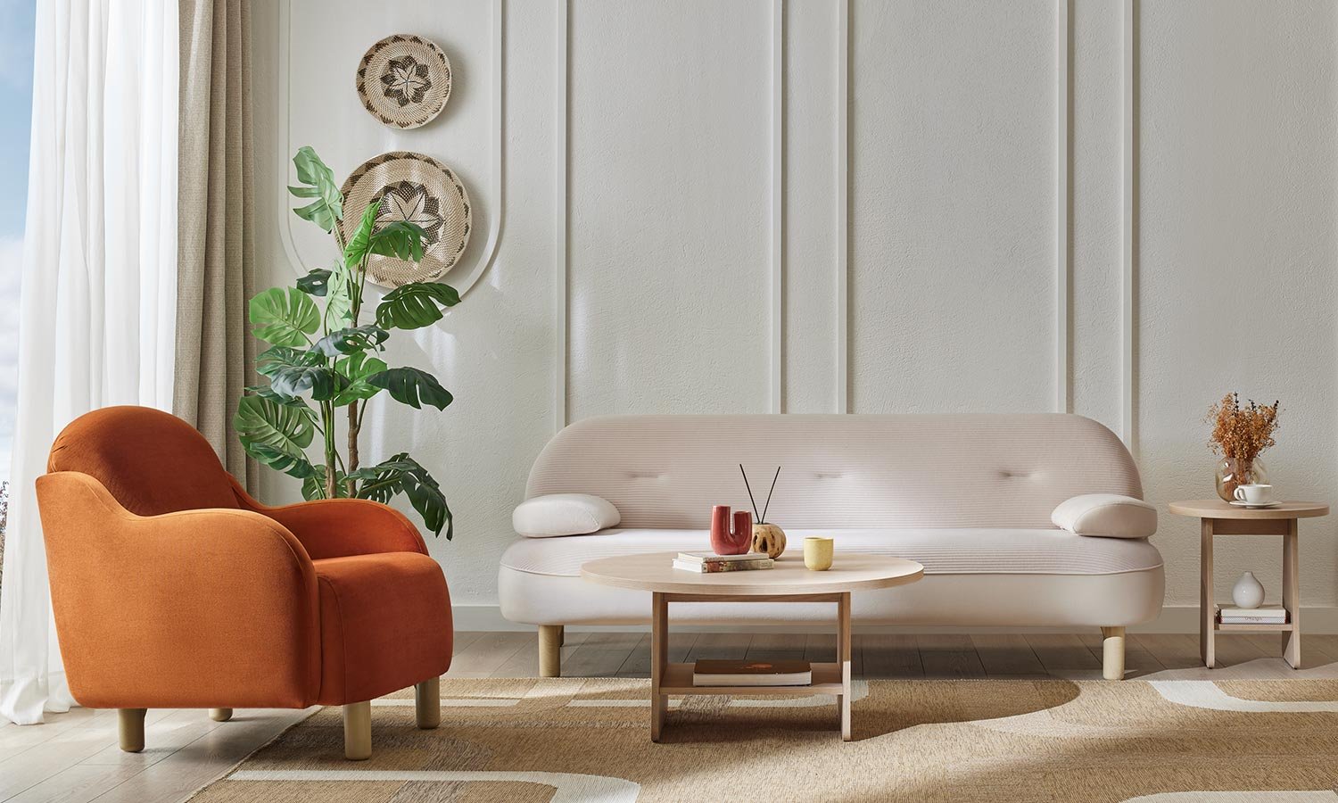 Ensemble Mely : banquette modulable tissu écru et fauteuil velours terracotta