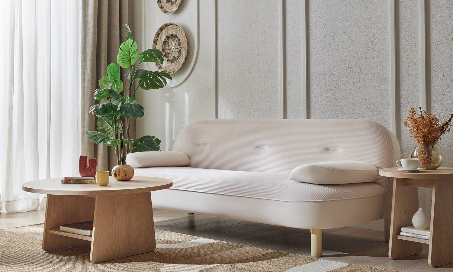 Banquette modulable Mely en tissu côtelé écru, dossier capitonné